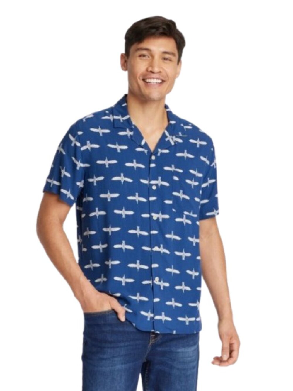 NWT Thunderbird Men's XL Short Sleeve Button-Down Camp Shirt Blue Printed Top